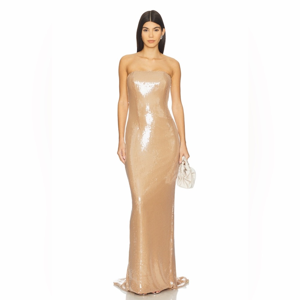 Mother of All Revolve Amaya Sequined Strapless Train Cocktail Evening Dress NWT